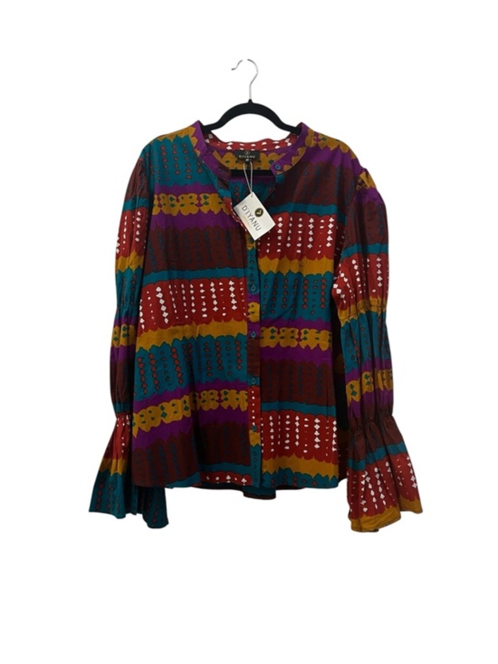 D’Iyanu Bright Multicolor African Print Button-Front Long Sleeve Cotton Blouse